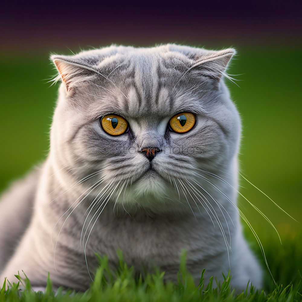 Similar – Grey cat sitting on a grass in a garden