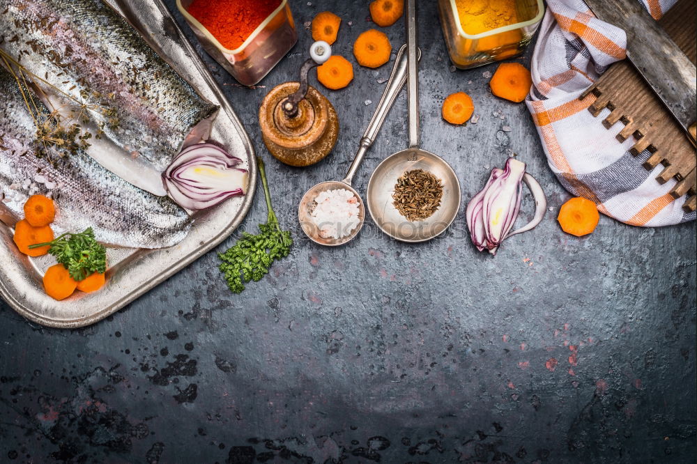 Similar – Fish fillet preparation with vegetables, fennel seeds and spices