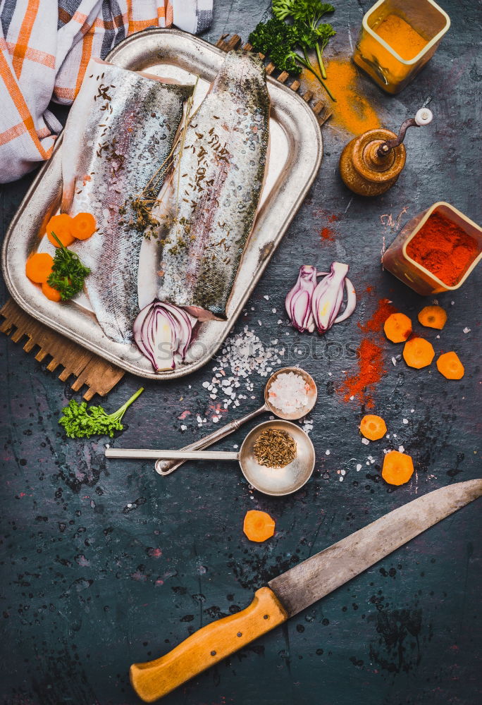 Image, Stock Photo Fish fillets with kitchen knife and spices