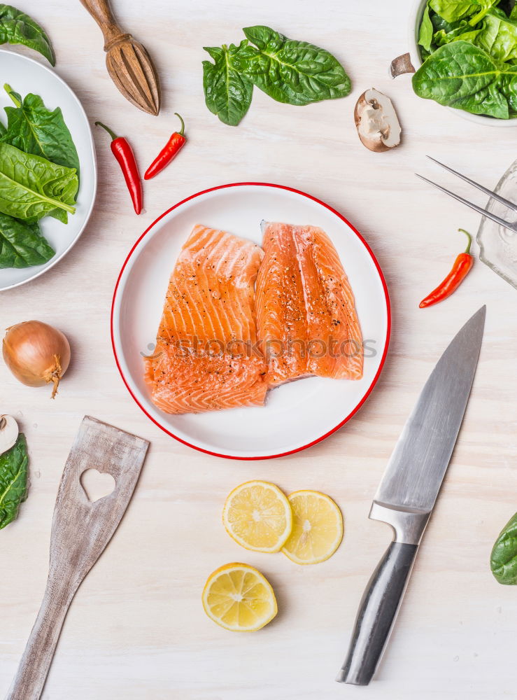 Image, Stock Photo Salmon fillet on cutting board with knife