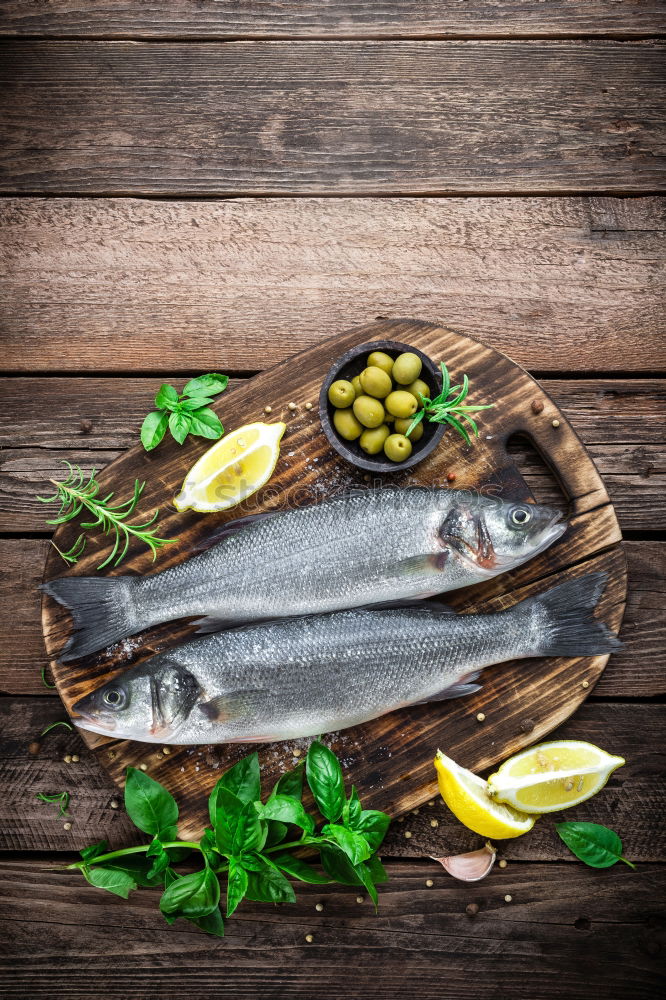 Similar – Image, Stock Photo Raw salmon fish in ice and vegetables