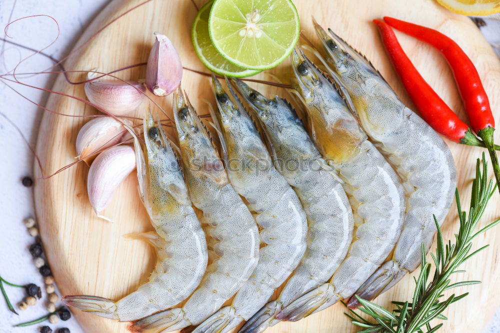 Similar – Raw prawn or shrimps and squids on light blue background, decorated with with seaweeds and lemon, top view, flat lay. Seafood cooking concept