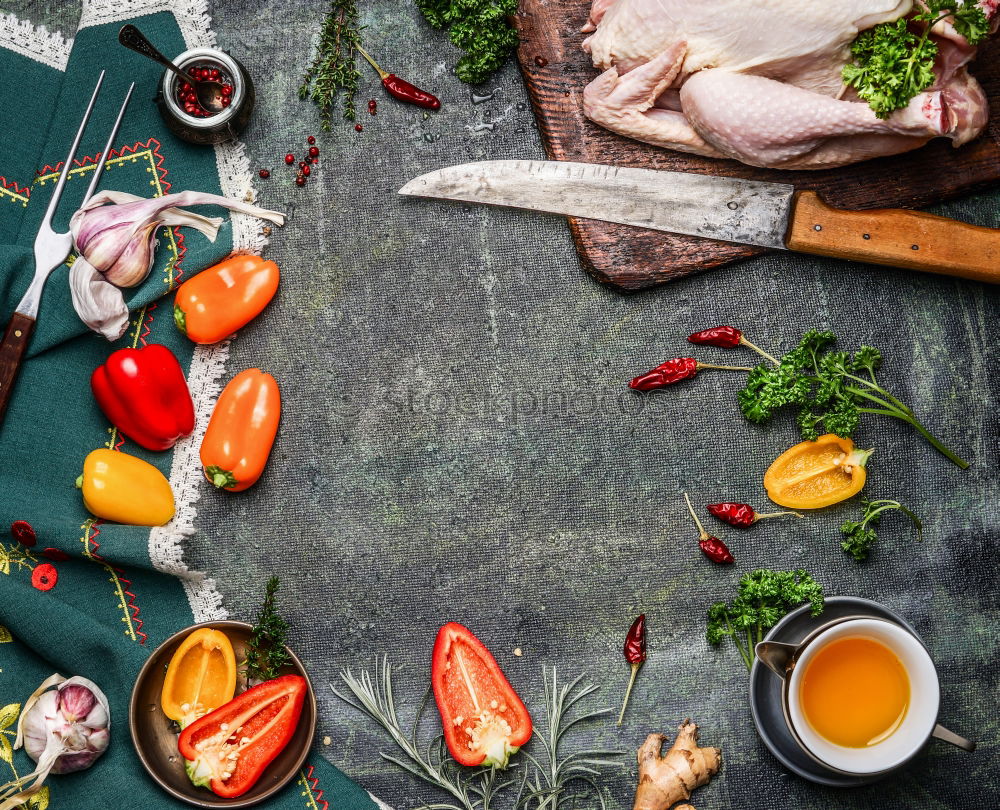 Image, Stock Photo Whole chicken with oil and vegetables Ingredients for cooking