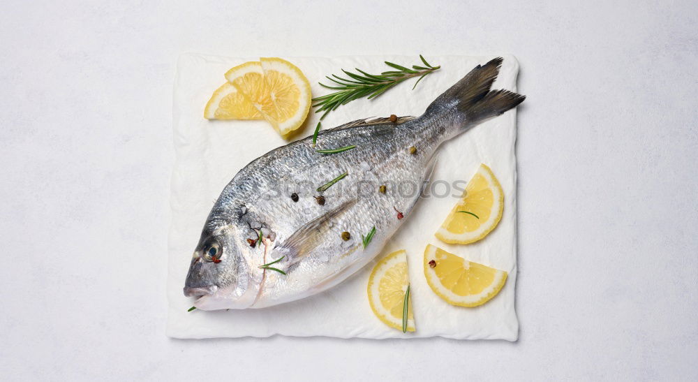 Similar – Raw prawn or shrimps and squids on light blue background, decorated with with seaweeds and lemon, top view, flat lay. Seafood cooking concept