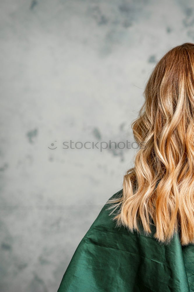 Similar – Image, Stock Photo Back of a woman’s head with braid In front of the picture wall with photos