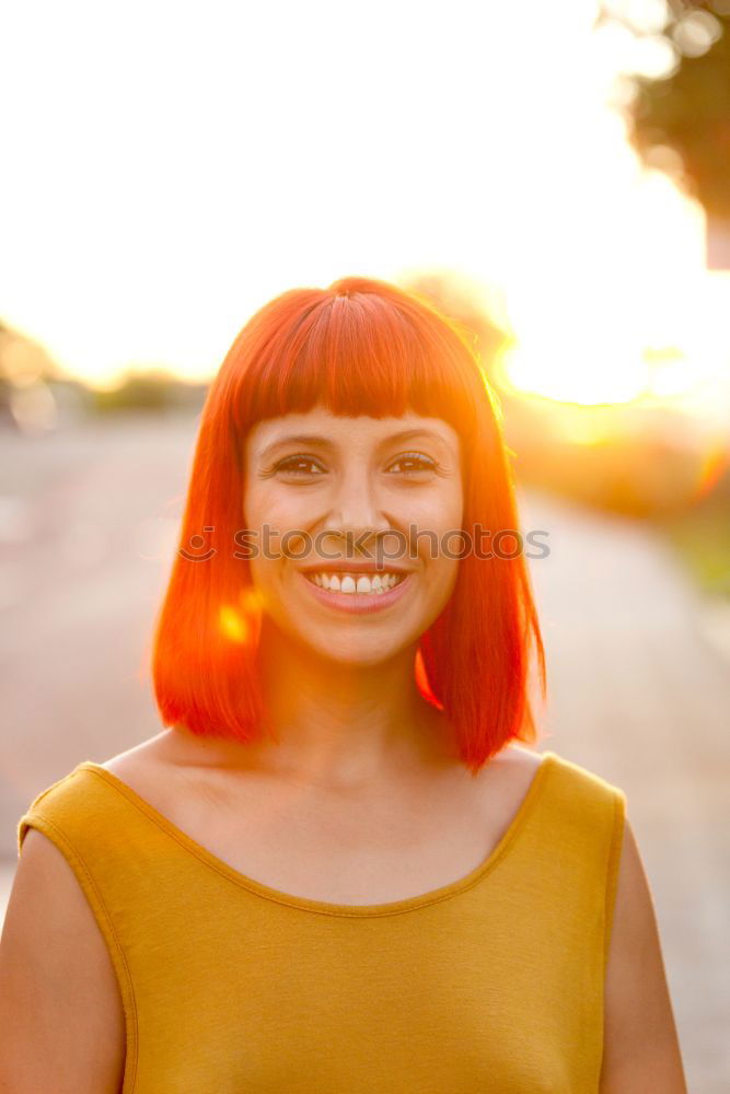 Similar – Image, Stock Photo Red haired woman with red checkered dress