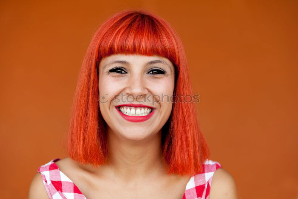 Similar – Image, Stock Photo Red haired woman with red checkered dress