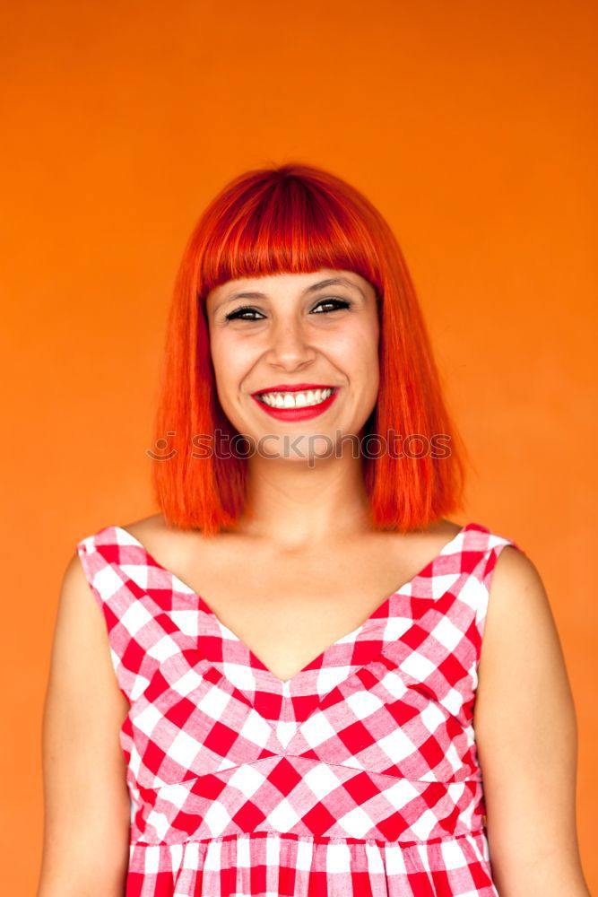 Image, Stock Photo Red haired woman with red checkered dress