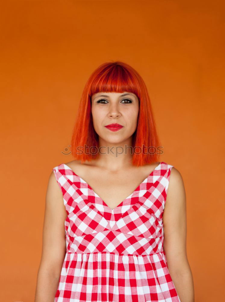 Similar – Image, Stock Photo Red haired woman with red checkered dress