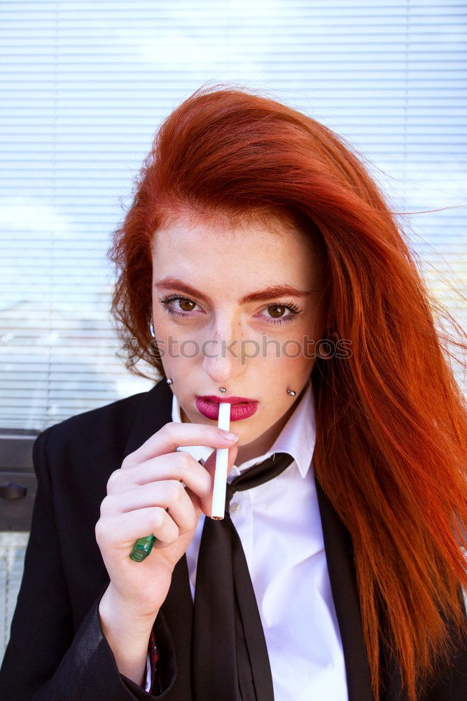 Similar – Redhead business woman with her blank calling card