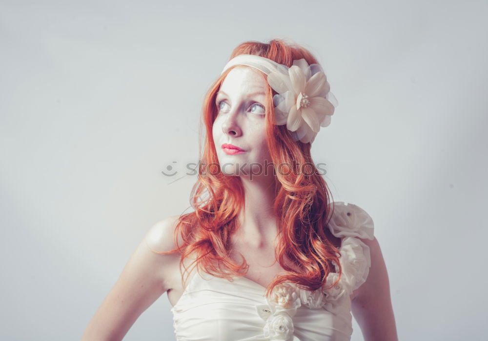 Similar – Image, Stock Photo Young redhead woman with a yellow dress in a yellow room