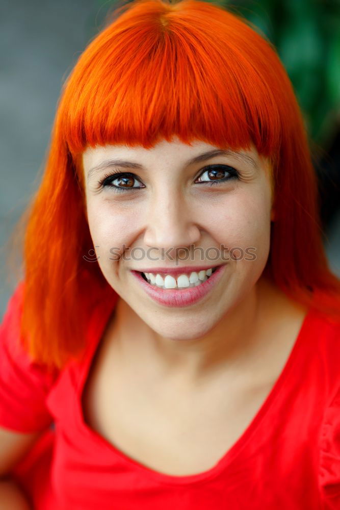 Similar – Image, Stock Photo Red haired woman with red checkered dress