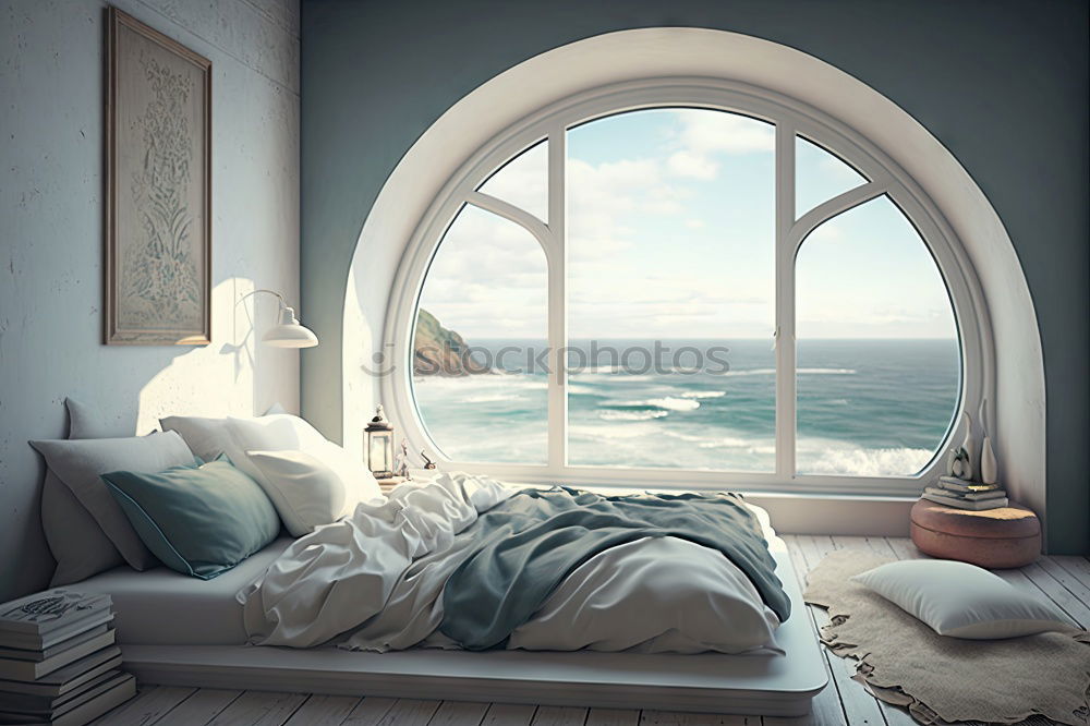 Similar – Image, Stock Photo Young, slim, athletic woman stands in front of the balcony door in her underwear and looks back into the room, smiling