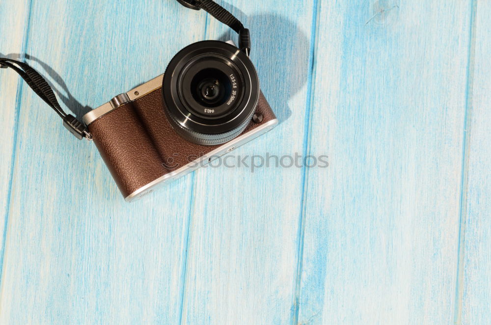 Image, Stock Photo shoes, notepad, camera, glasses on wooden desk