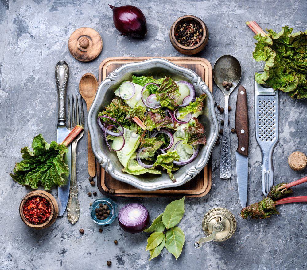 Similar – Green salad with pomegranate, manna croup, onion