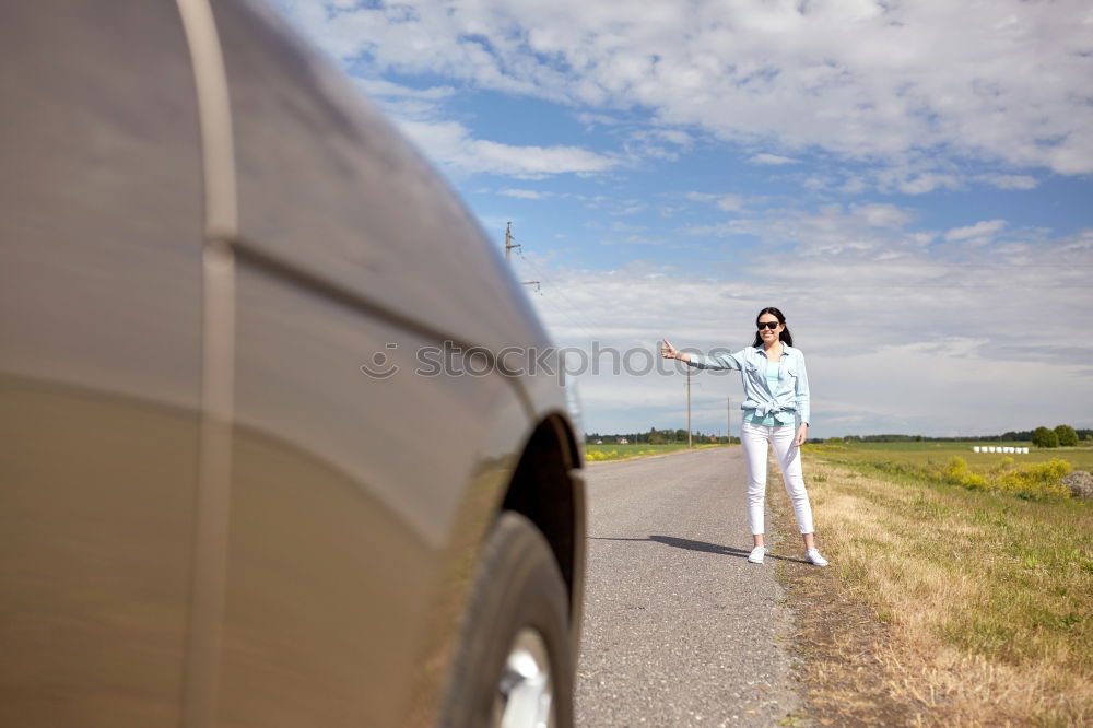 Image, Stock Photo Tourist leaning on car roof