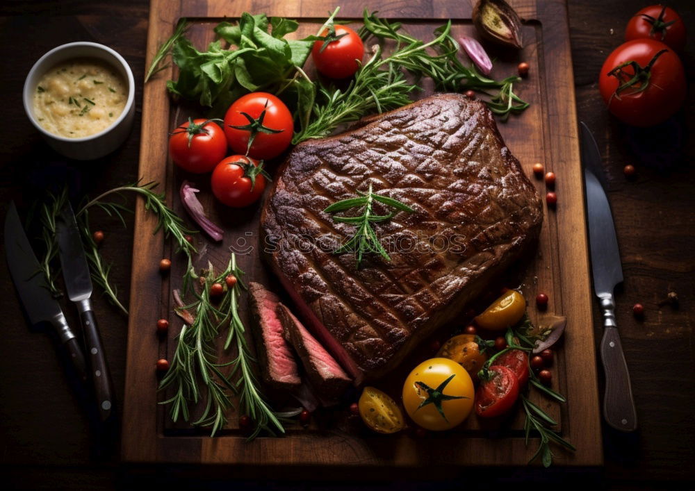 Similar – Image, Stock Photo Medium roasted meat steak and salsa sauce