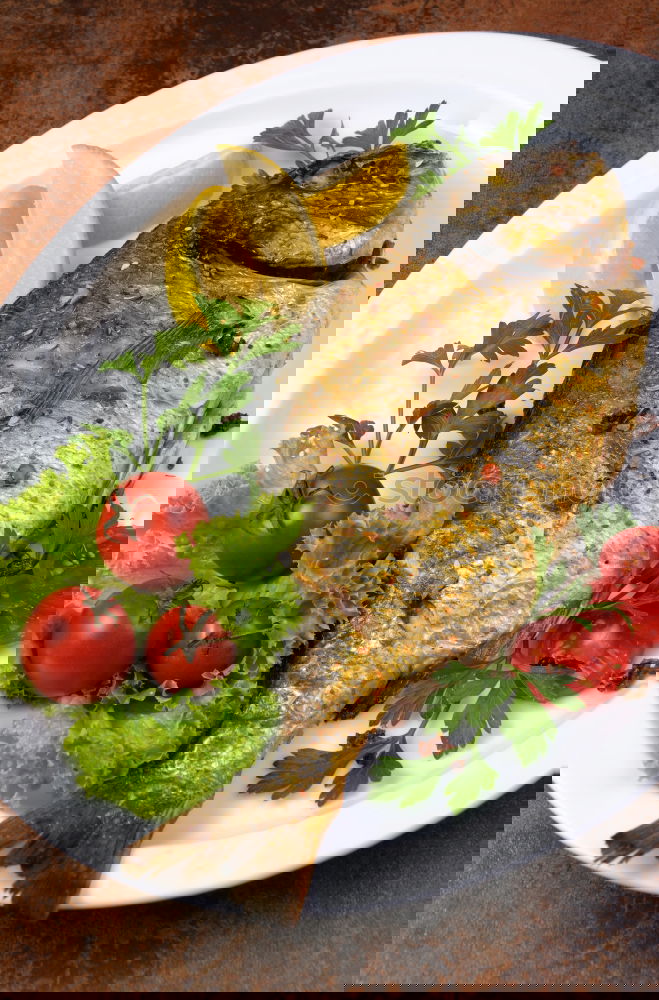 Similar – Image, Stock Photo Roasted salmon and vegetables