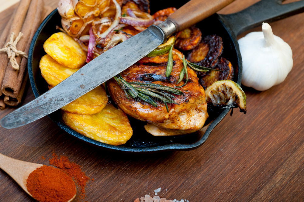 Image, Stock Photo Roasted pork fillet with crust and baked potatoes