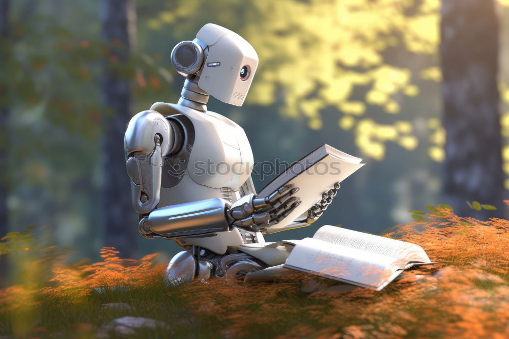 Similar – Image, Stock Photo One little boy reading to robot from cardboard boxes outdoors. Concept of science and education.