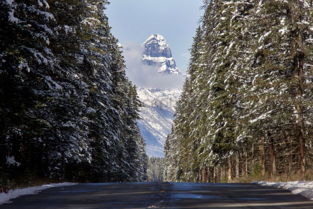 Similar – Landscape of snowy winter road with curves in the mountain