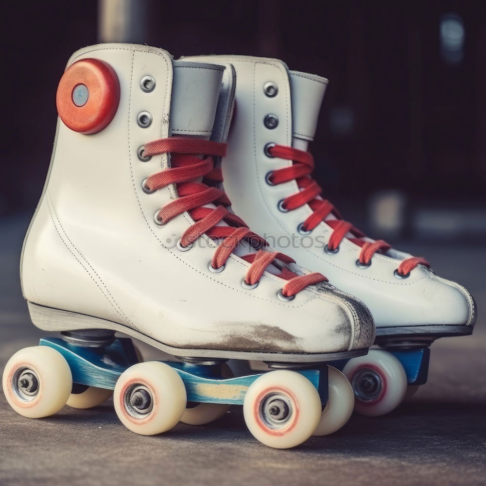 A pair of roller skates on the sidewalk.