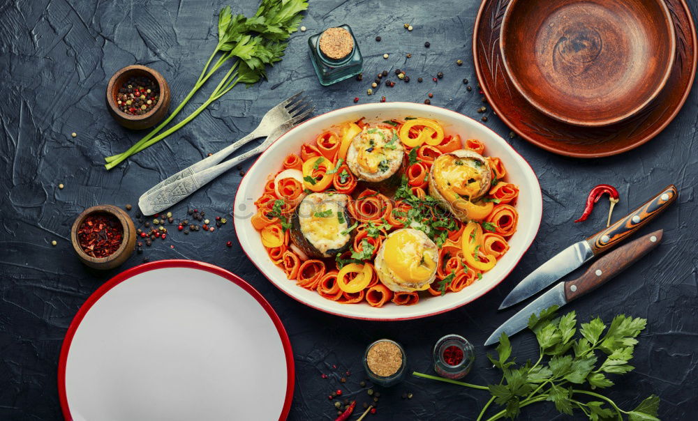 Similar – Asian food background with wok pan with vegetarian  korean hot pot and chopsticks on dark rustic kitchen table background, top view. Copy space.