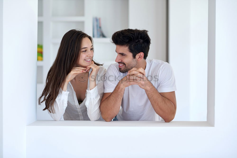 Similar – Image, Stock Photo Mixed Race couple taking funny selfie with phone together