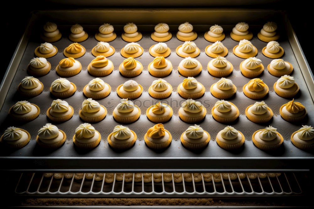 Similar – Fresh loaves of bread on tray racks. Bread bun on bakery shelves