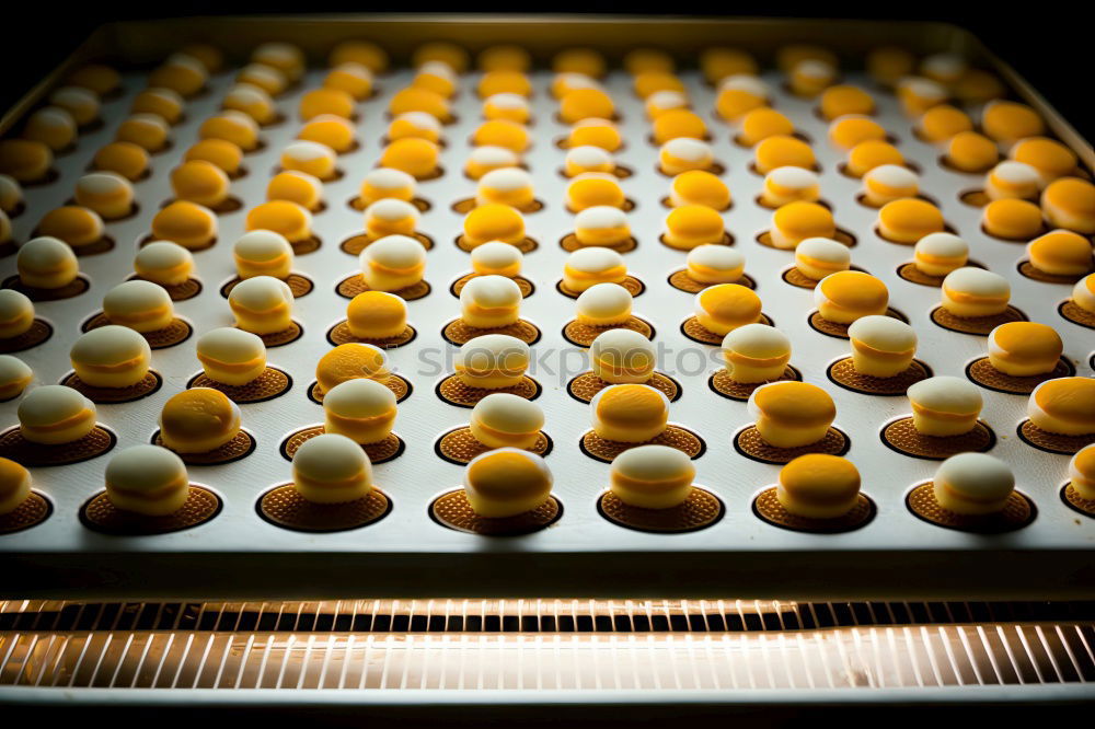 Similar – Fresh loaves of bread on tray racks. Bread bun on bakery shelves