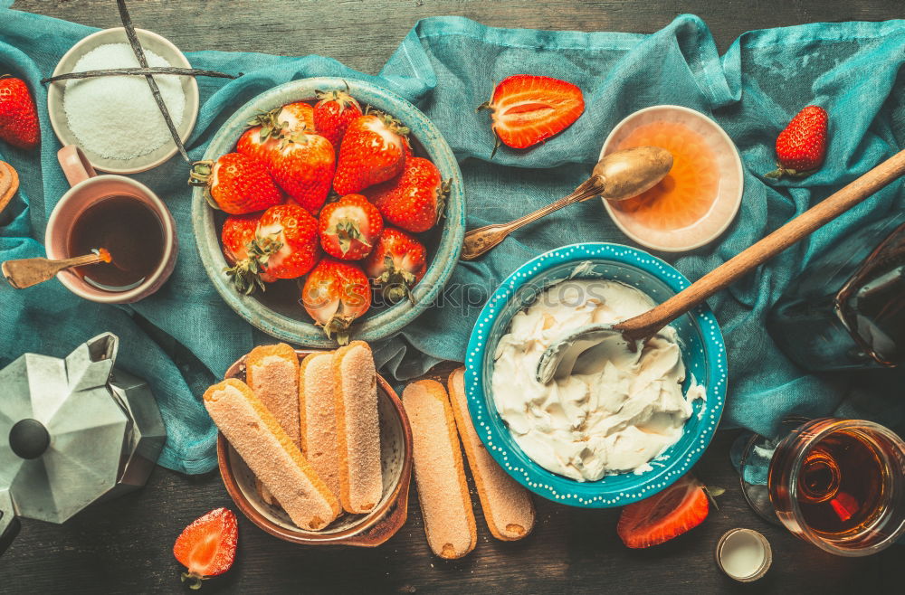 Image, Stock Photo Kitchen table with strawberries Tiramisu ingredients