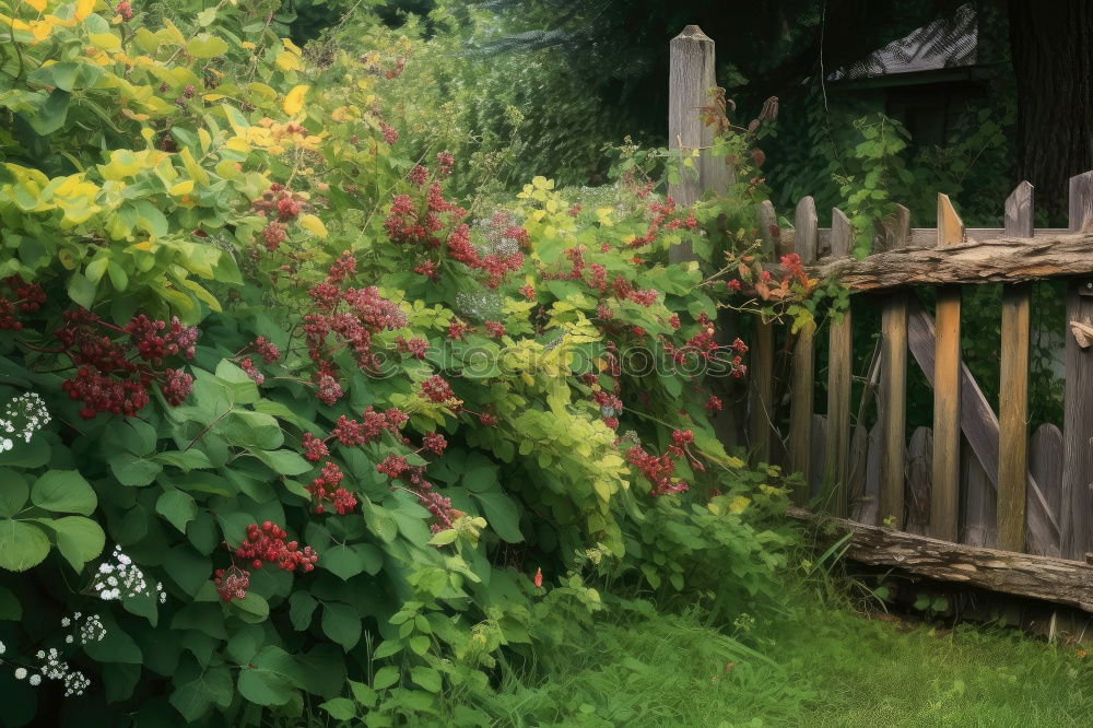 Similar – Mit Sträuchern und Blumen bewachsener Gartenzaun aus Holz