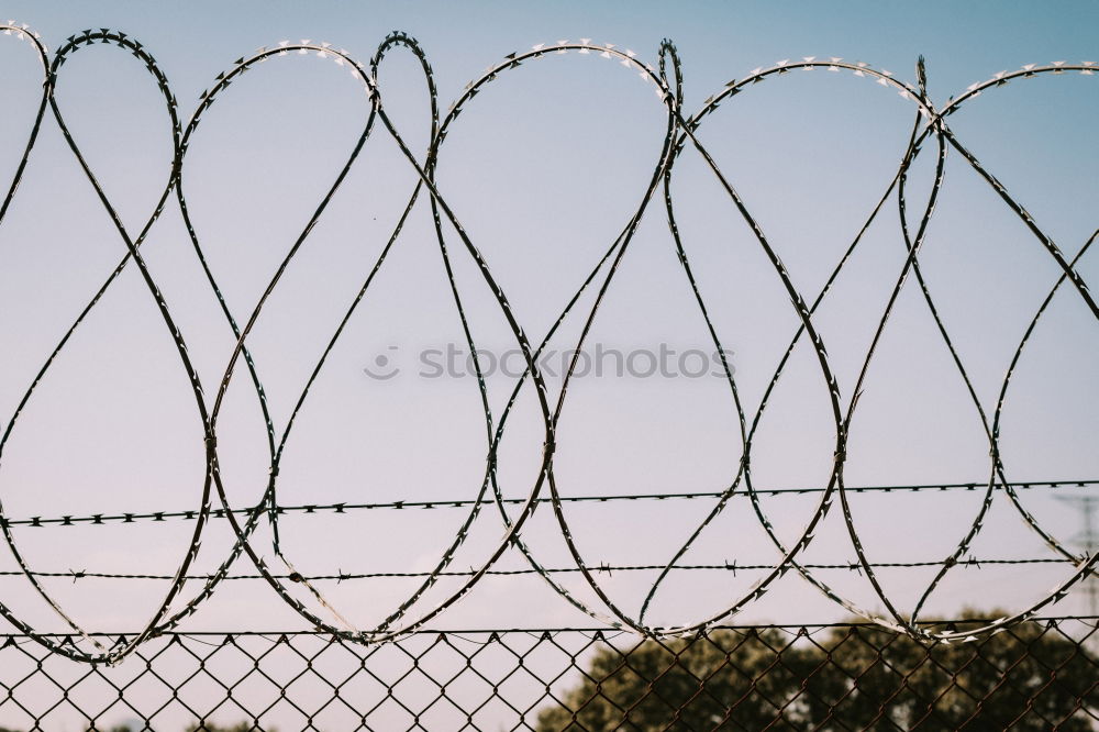 Similar – Prison security fence. Barbed wire security fence. Razor wire jail fence. Barrier border. Boundary security wall. Prison for arrest criminals or terrorists. Private area. Military zone concept.