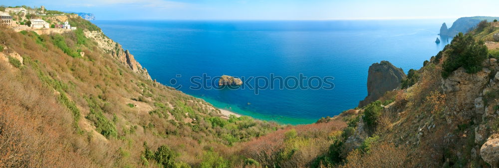 Similar – Nature panorama with a view of the Mediterranean Sea, a winding road and the ruins of Paleokastritsa Castle | Paleokastritsa