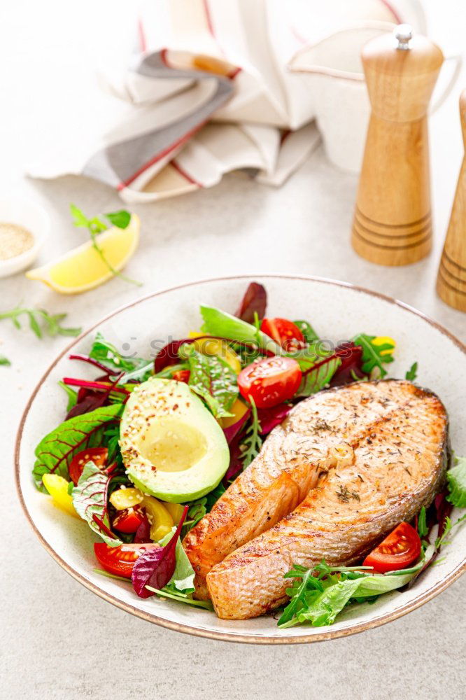 Similar – Image, Stock Photo Chicken salad with pine nuts and olive oil dressing