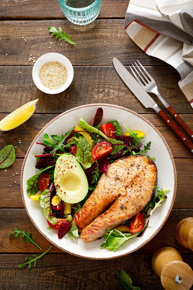 Similar – Image, Stock Photo Chicken salad with pine nuts and olive oil dressing