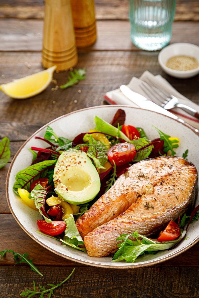 Similar – Image, Stock Photo Chicken salad with pine nuts and olive oil dressing