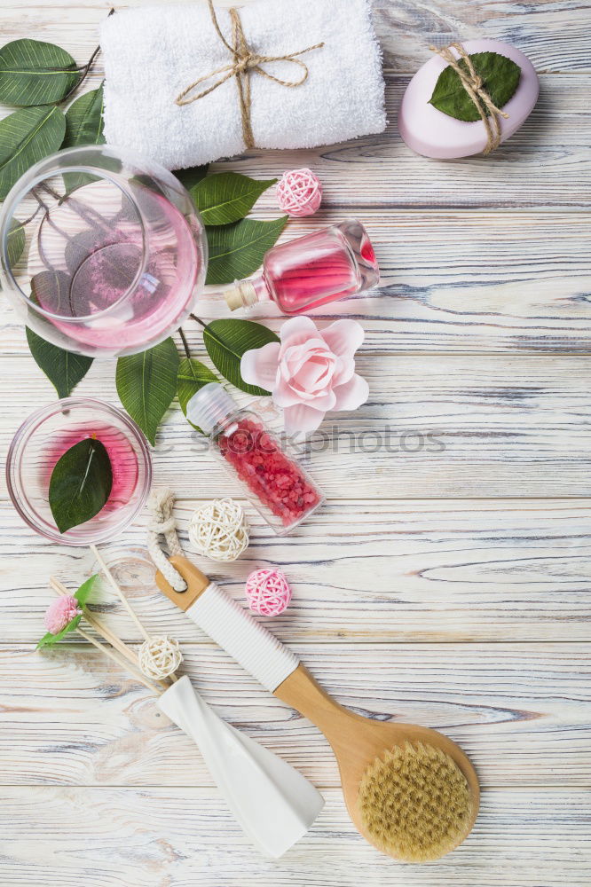 Image, Stock Photo Spa with bath salt, towel and massage herbal compress