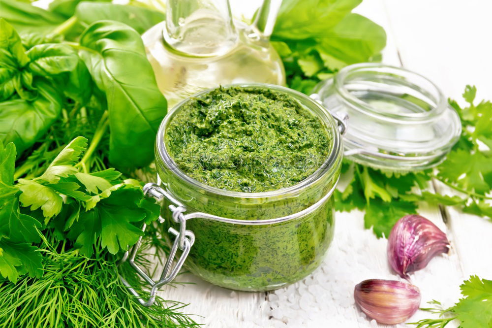 Similar – Image, Stock Photo Green herbs salad with oil in white skin