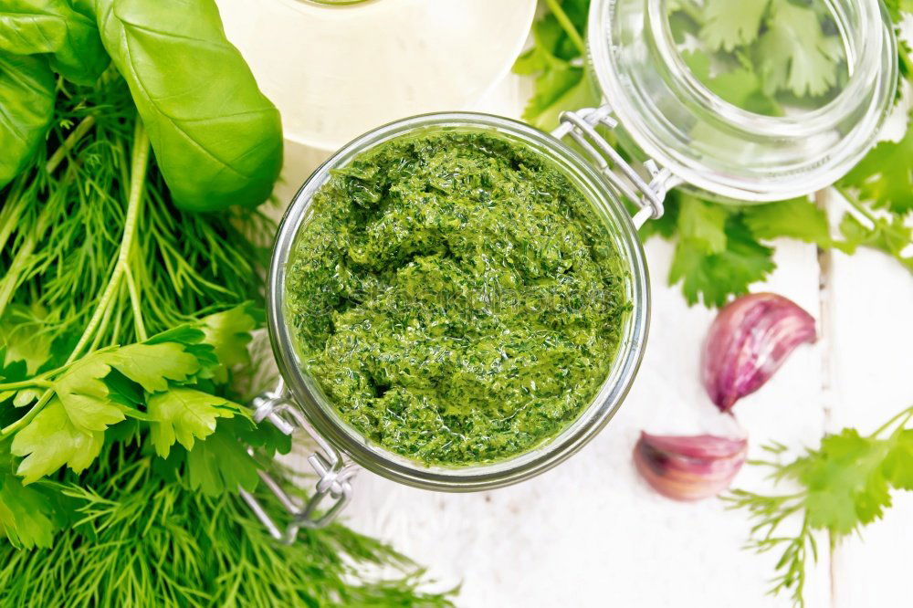 Image, Stock Photo Green herbs salad with oil in white skin