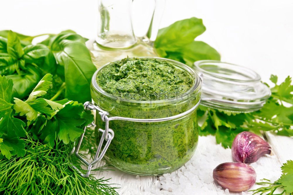 Similar – Image, Stock Photo Green herbs salad with oil in white skin