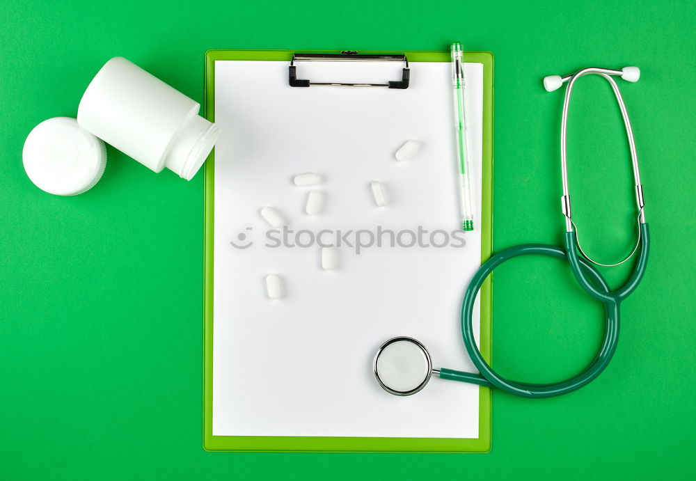 Similar – Image, Stock Photo red stethoscope, pills, medical bottles and empty clipboard
