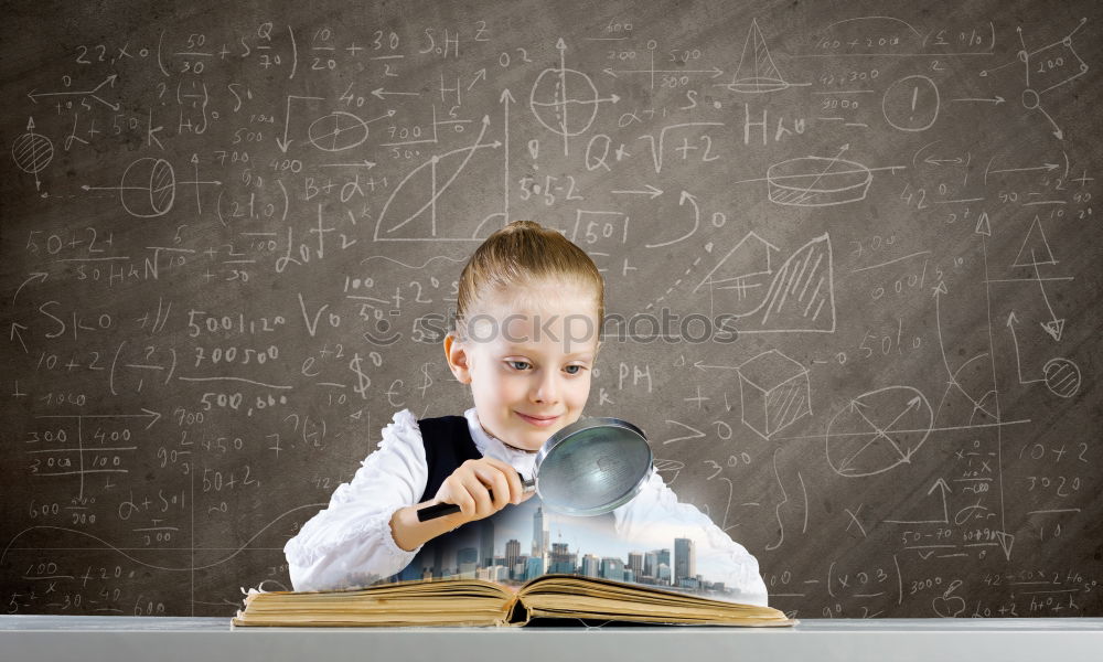 Similar – Image, Stock Photo Pupil at chalkboard with books in hand