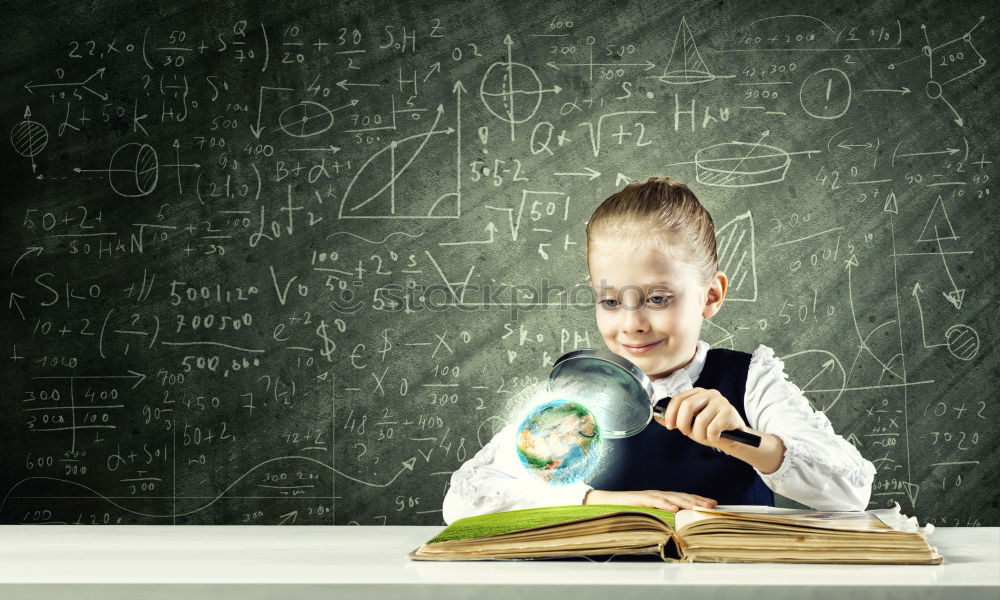 Similar – Image, Stock Photo Pupil at chalkboard with books in hand