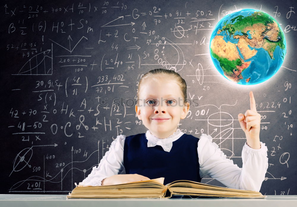 Image, Stock Photo Schoolgirl covering face with globe