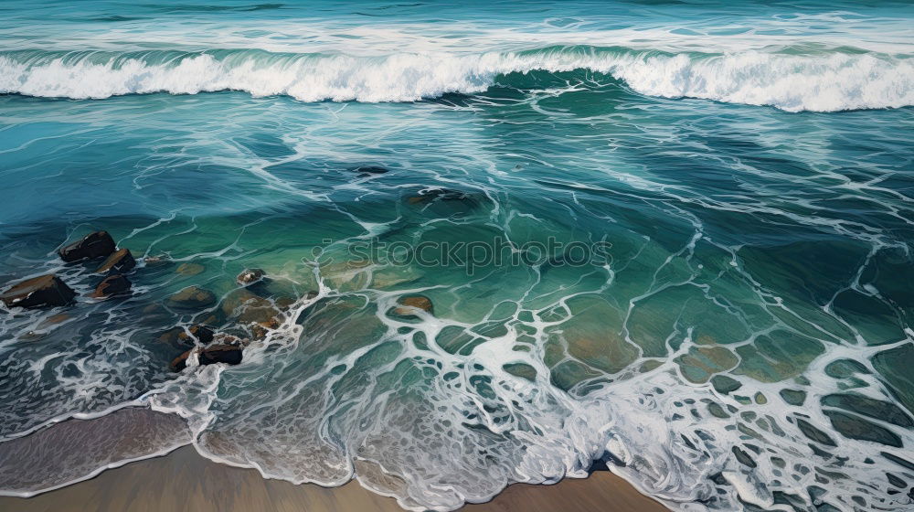 Image, Stock Photo puny /tree remains on a dune. Down the high sandy beach there are some smaller stones in front of the foaming light surf.