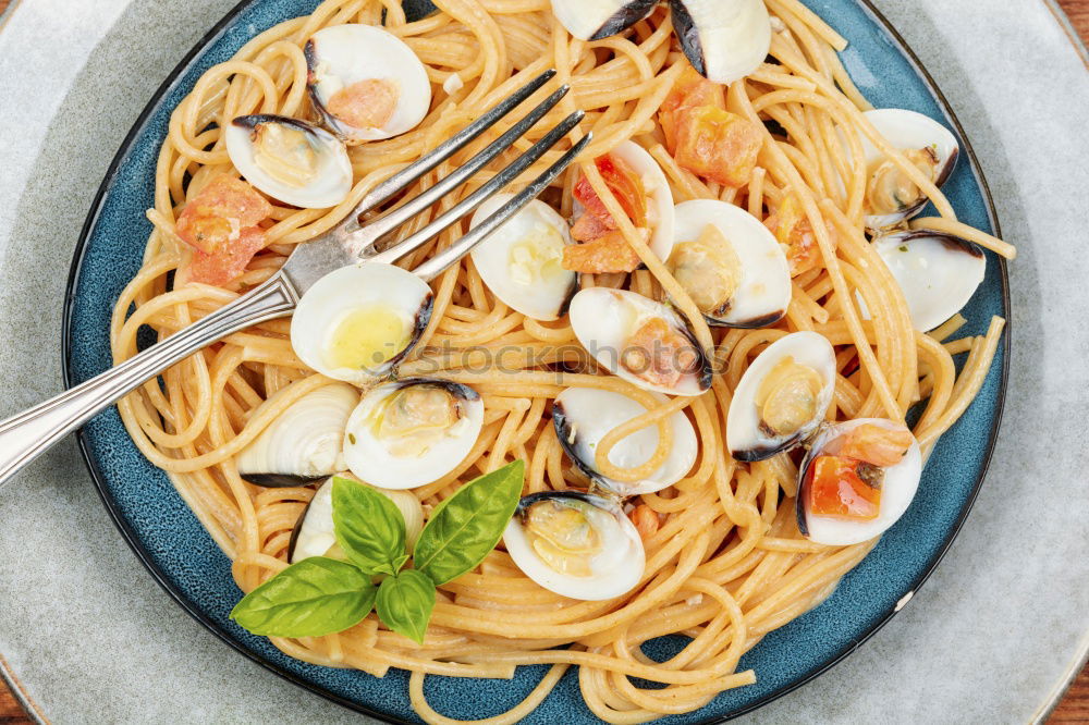 Similar – Spaghetti seafood in plate, top view