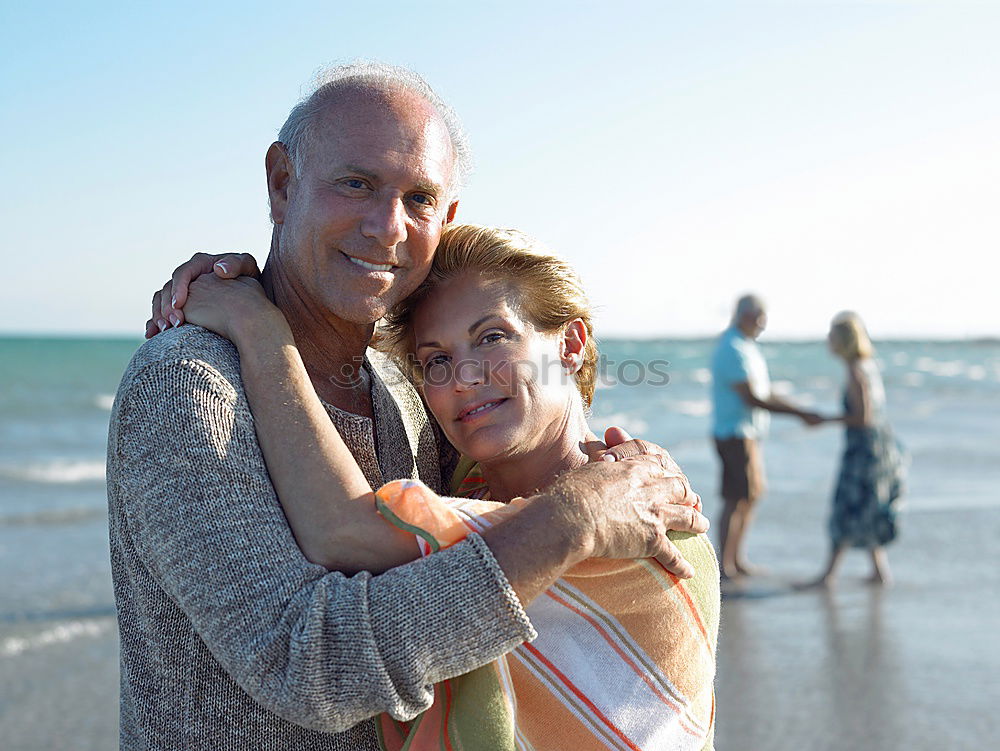 Similar – Image, Stock Photo Senior man and woman having a run along the shore. Scene with sea, sand and trees. Healthy and active way of life