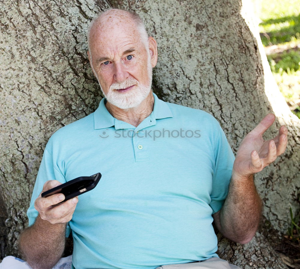 Image, Stock Photo Senior citizen with smartphone in the woods