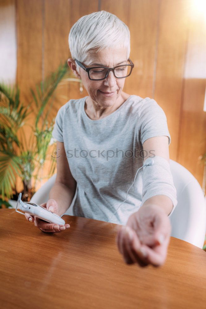 Image, Stock Photo Happy elderly woman on the mobile phone